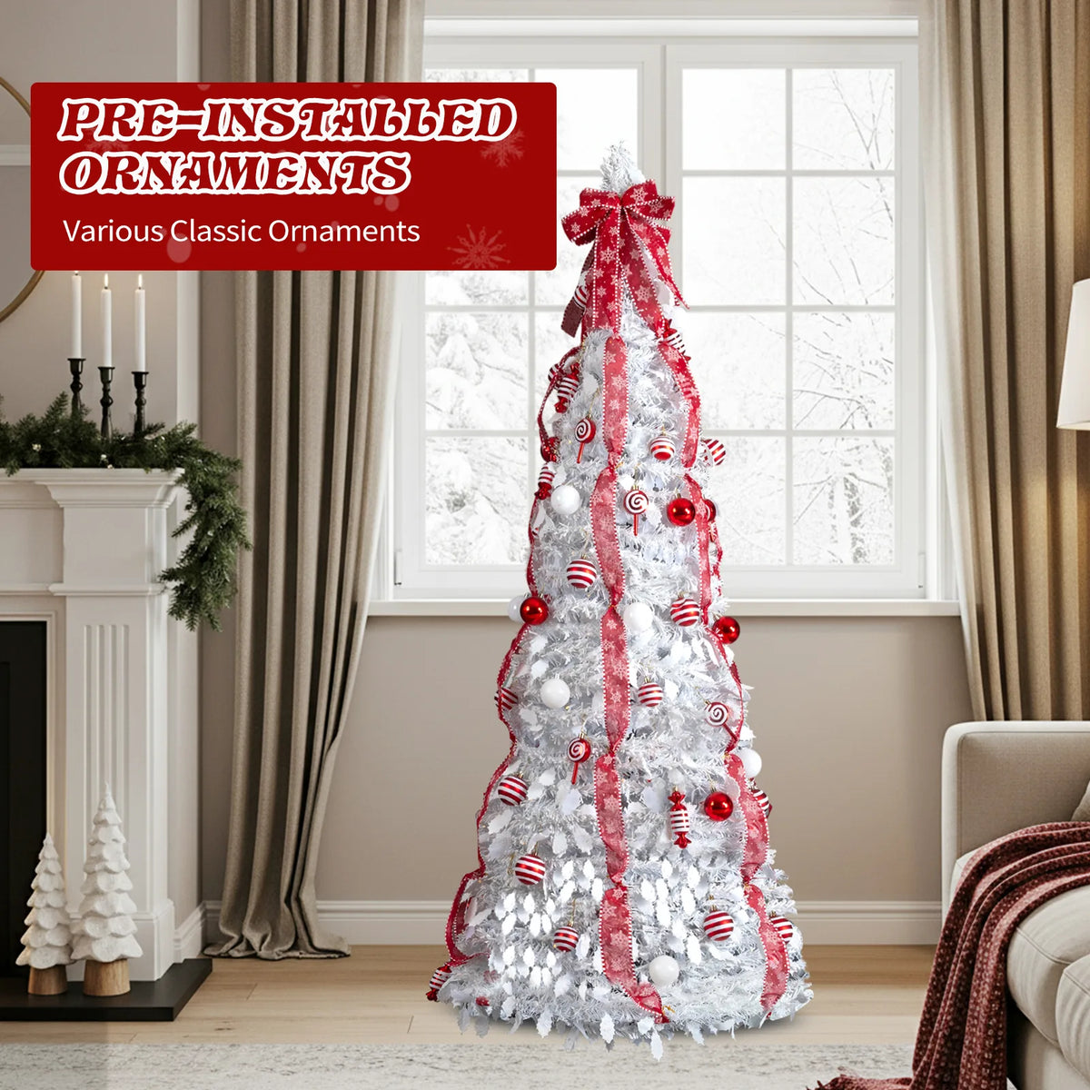 6ft White Pop-Up Pre-Lit Christmas Tree, Fully Decorated with 100 Warm White LEDs & Red Ornaments