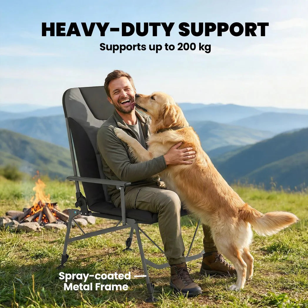 Outsunny Reclining Camping Chair with Padded Seat, Wide Armrests & Adjustable Legs – Folding Fishing Chair, Black