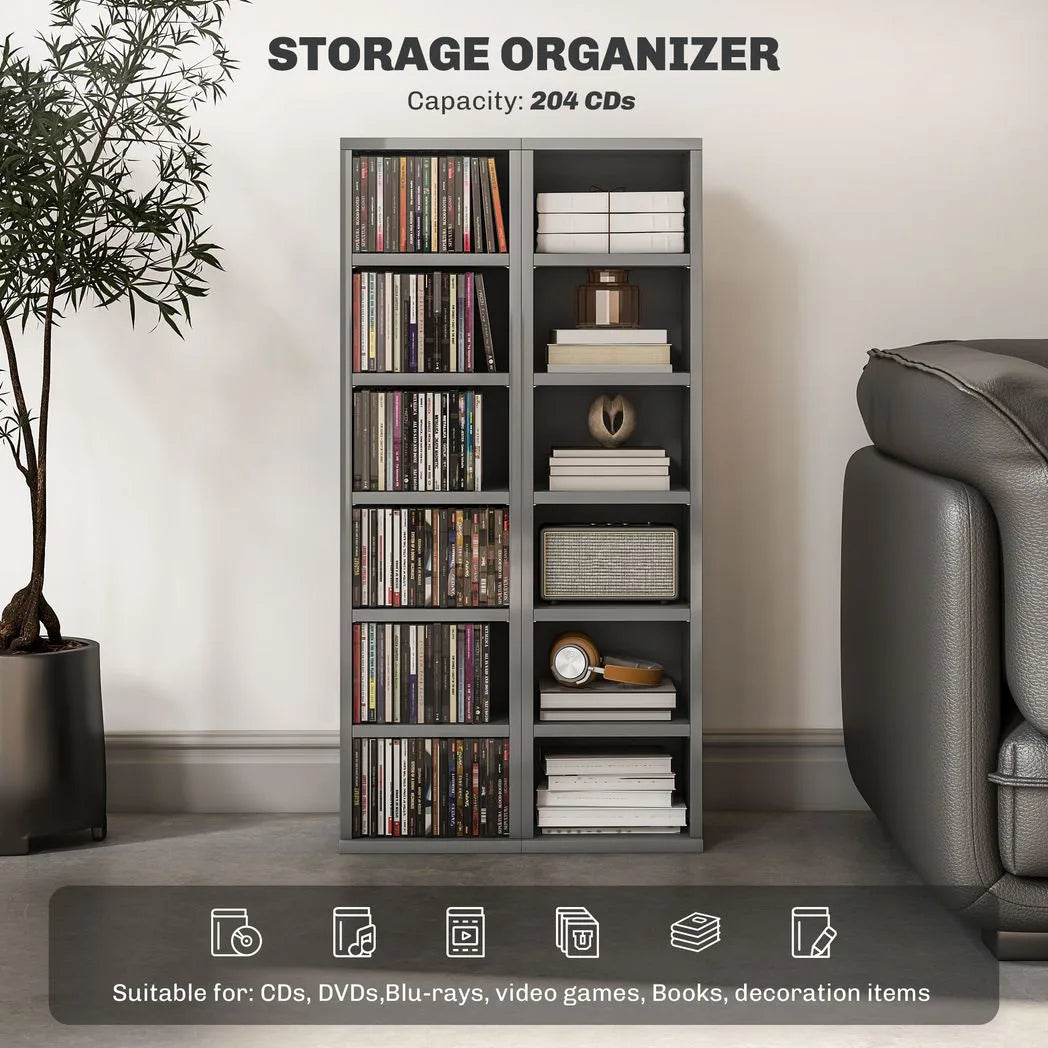 HOMCOM Set of 2 CD Media Tower Shelf Units with Adjustable Shelves, 204 CD Capacity – High Gloss Grey