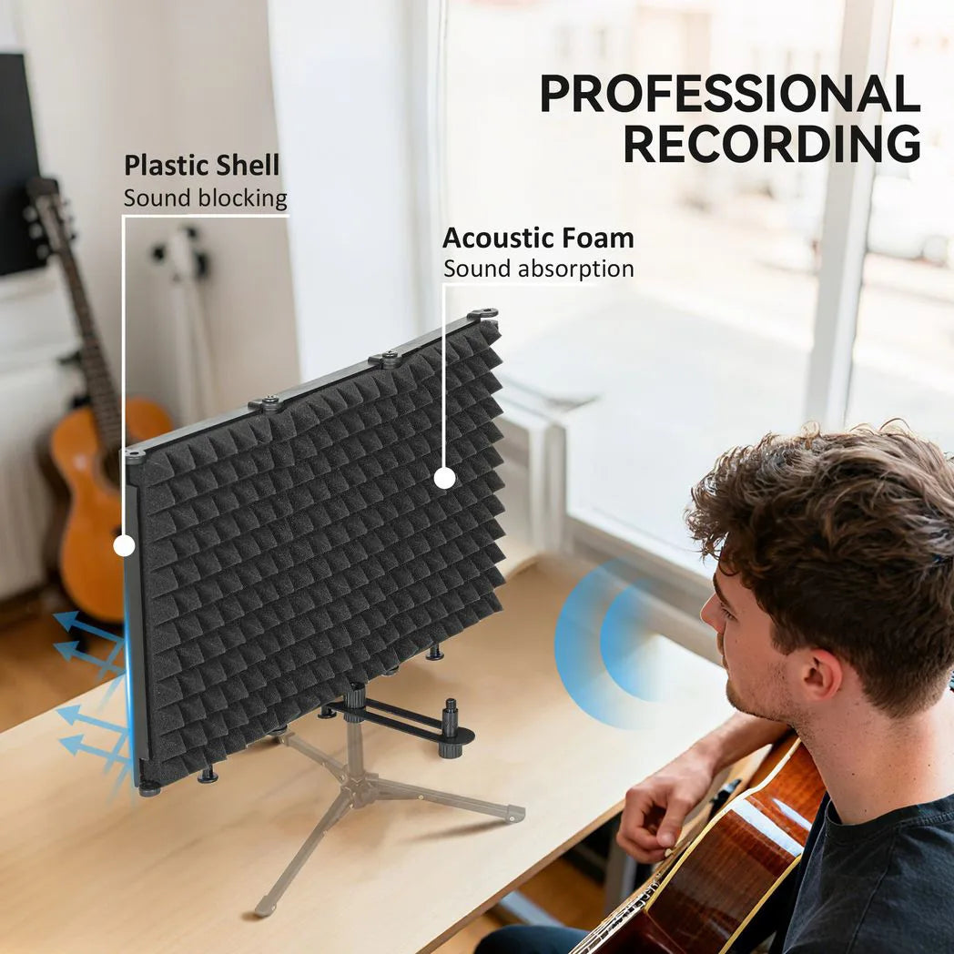 HOMCOM Studio Microphone Isolation Shield with 3 Foldable Foam Panels & 3/8" Mount – Home Recording, Black
