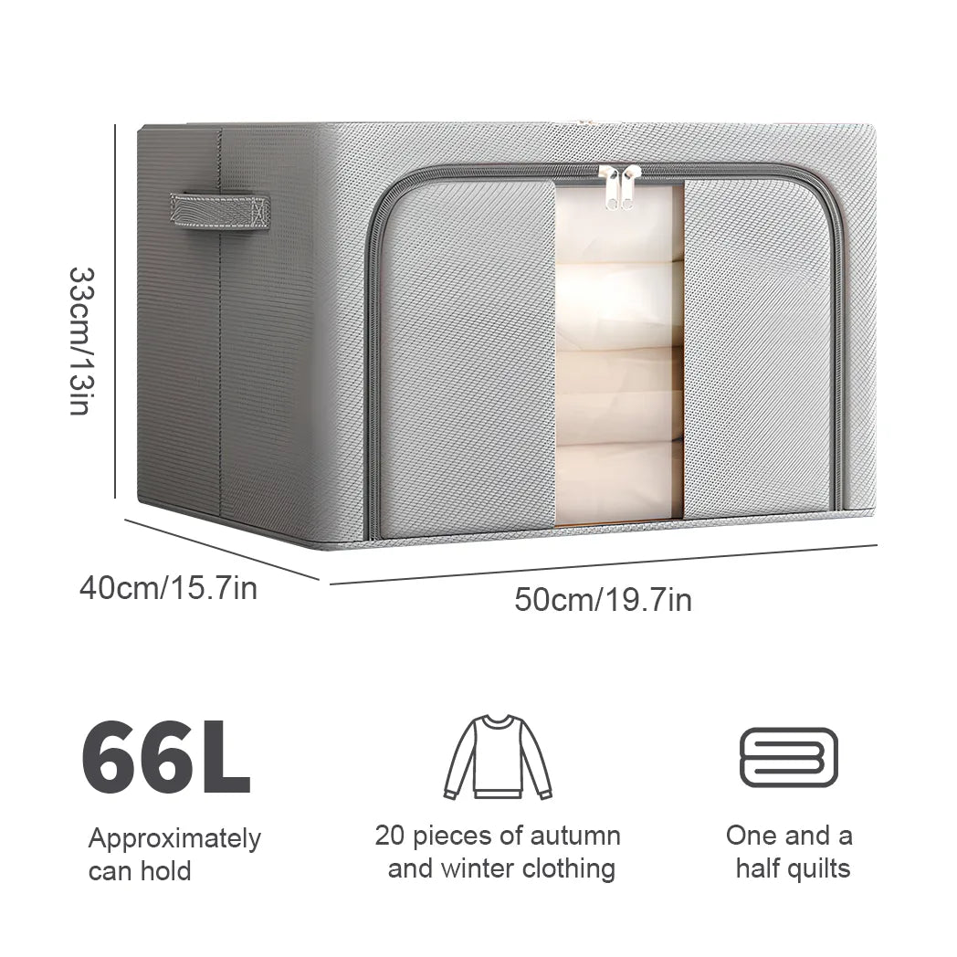 Foldable Clothes Storage Boxes with Steel Frame, Clear Window and Zip Top – Wardrobe Organisers, Grey, Set of 2
