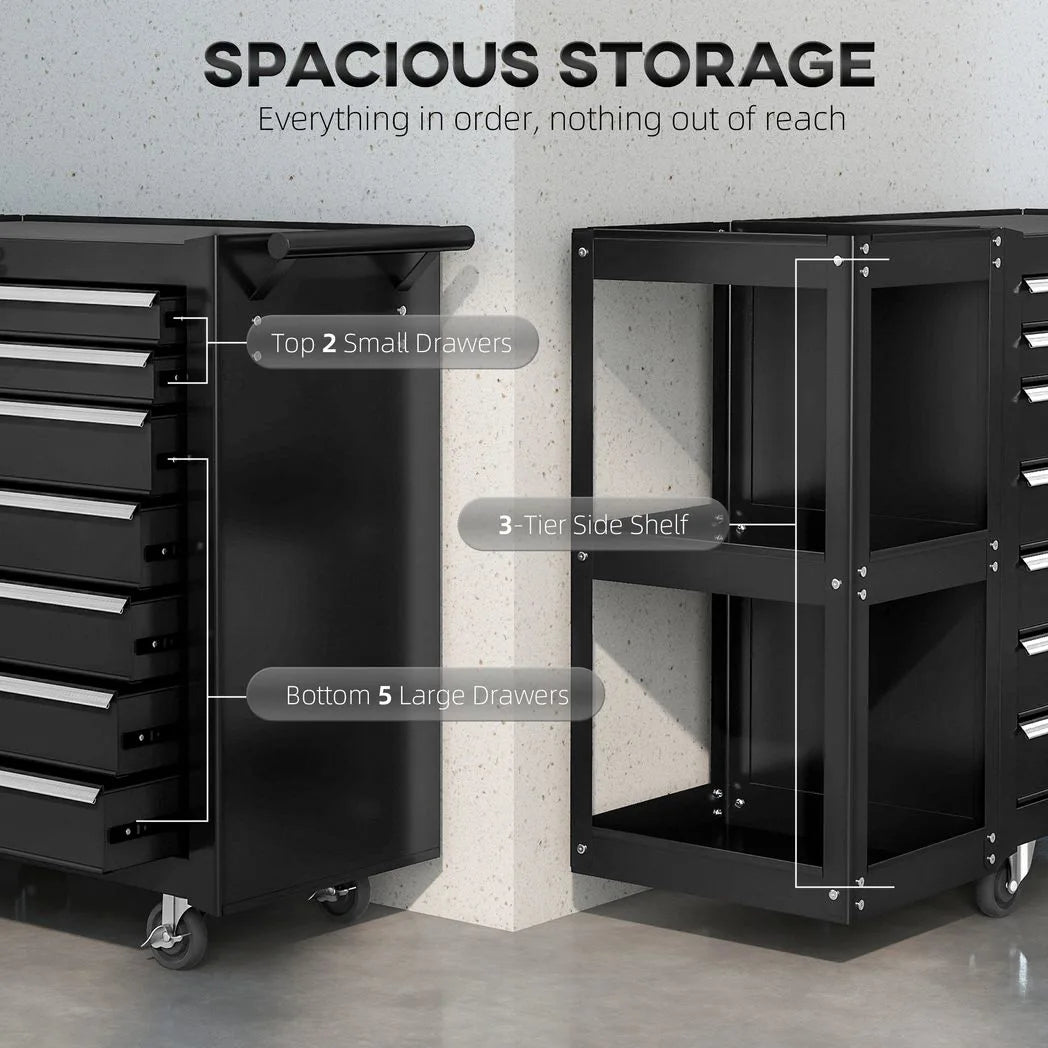 HOMCOM Lockable Steel Tool Chest on Wheels with 7 Drawers and Detachable Shelf – Rolling Workshop Storage, Black