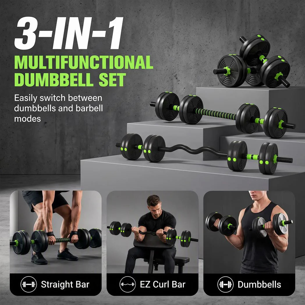 SPORTNOW 15kg 3-in-1 Adjustable Dumbbell & Barbell Set with EZ Curl Bar & Connecting Rod – Home Gym Weights, Green