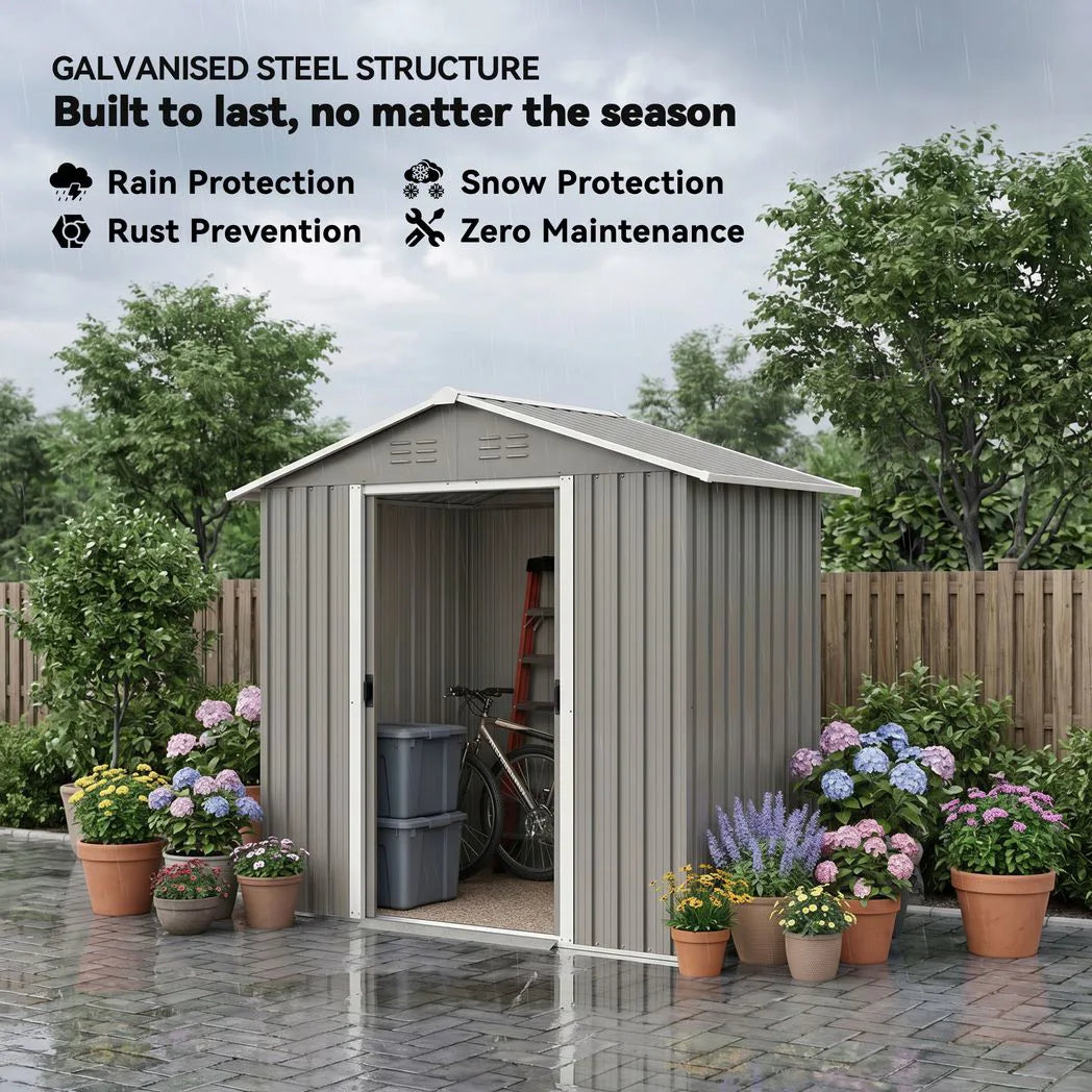 Outsunny 6.5 x 3.5ft Galvanised Metal Garden Shed with Double Doors and Vents, Light Grey