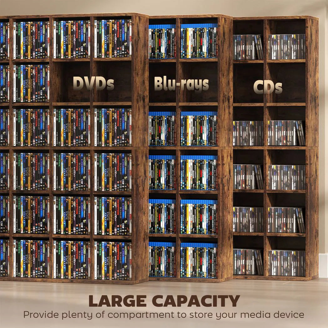 HOMCOM CD Storage Unit with 3-Level Adjustable Shelves – Slim Media Tower for CDs and DVDs, Rustic Brown