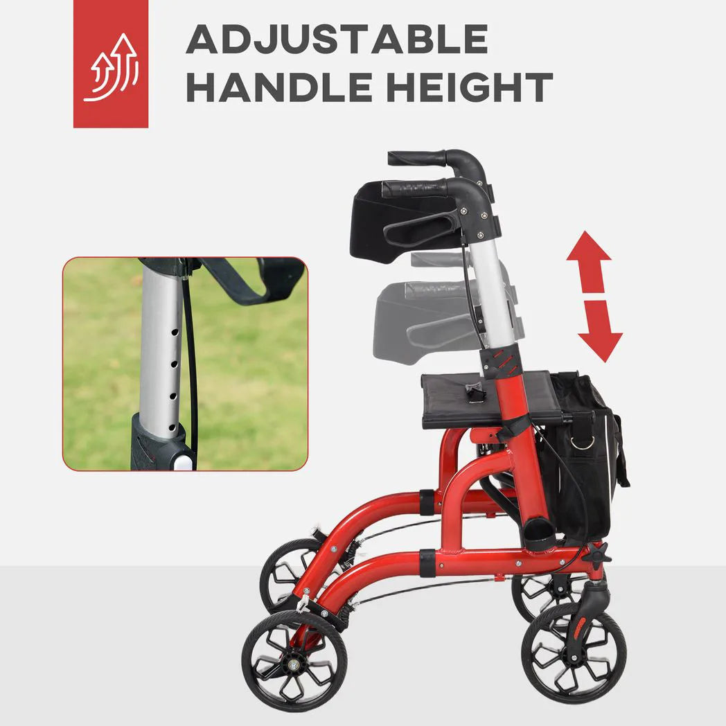 HOMCOM Folding Rollator Walker with Seat, Padded Backrest & Adjustable Handles – Lightweight Walking Frame, Red