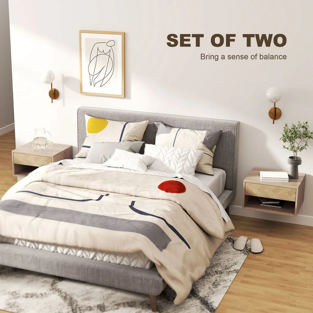 HOMCOM Set of 2 Floating Bedside Tables with Drawer and Open Shelf – Natural Wood Finish