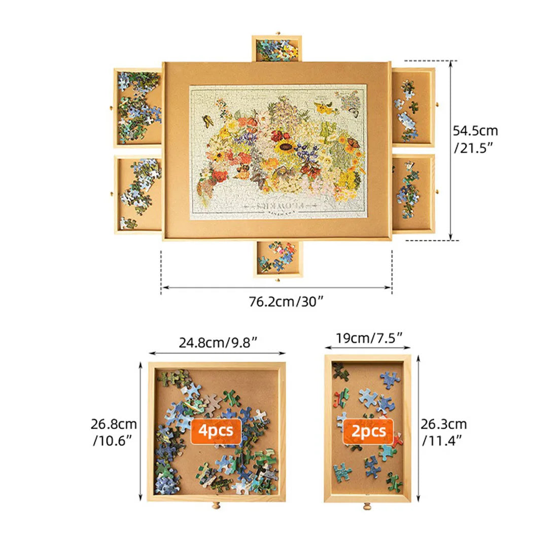 Wooden Jigsaw Puzzle Board with 6 Sliding Drawers – Portable Puzzle Storage Table, Holds 60 Pieces