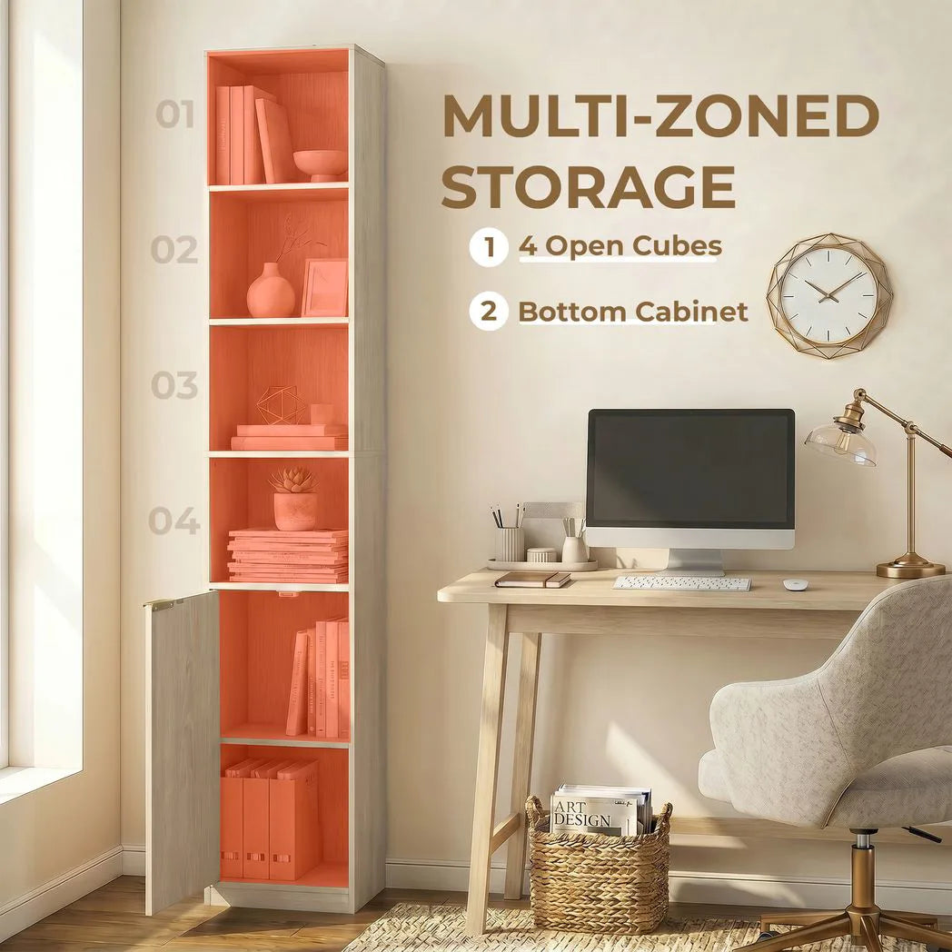 HOMCOM 6-Tier Bookcase with Adjustable Shelf, Cabinet and Anti-Tip Hardware – Slim Storage, Oak Effect