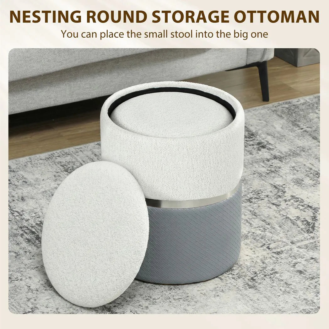 HOMCOM Nesting Round Storage Ottoman Set of 2 with Lift-Off Lids – Footstool and Vanity Stool, Cream and Grey