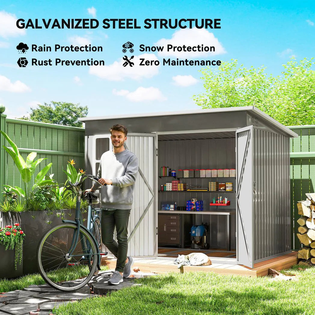 Outsunny 8.5 x 6ft Galvanised Steel Garden Shed with Foundation Kit, Window, Lockable Doors & Air Vents – Outdoor Storage, Light Grey