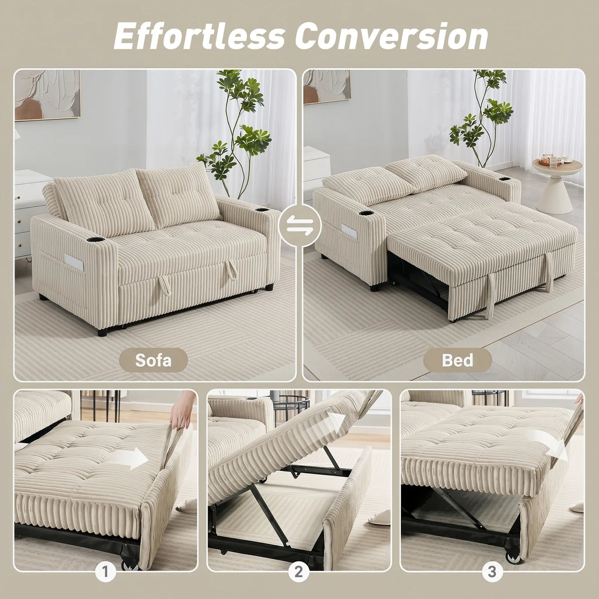 HOMCOM Corduroy Click Clack Sleeper Sofa Bed with Pull Out Design, 2 Seater, Cup Holders – Cream White