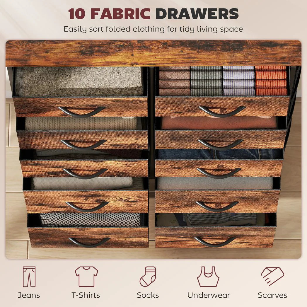 HOMCOM Fabric Chest of 10 Drawers with Steel Frame, Pockets and Hooks – Bedroom Storage Unit, Rustic Brown