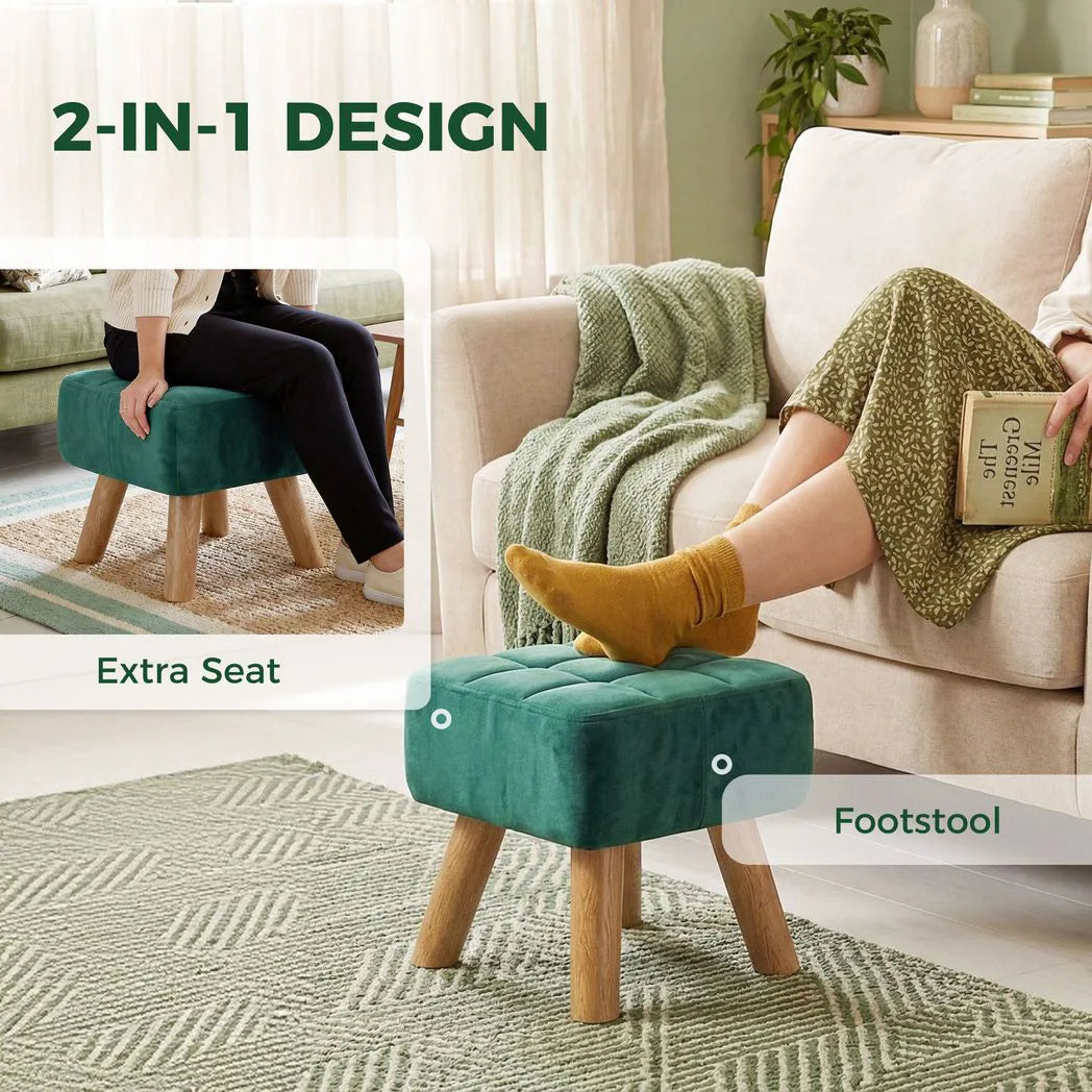 HOMCOM Velvet Square Padded Footstool with Wooden Legs – Leg Rest & Vanity Stool, Dark Green