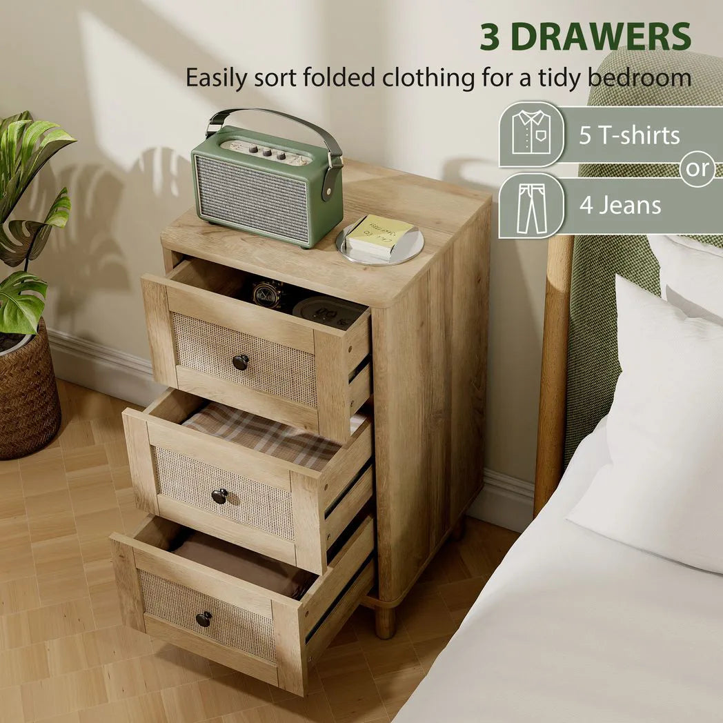 HOMCOM 3 Drawer Chest of Drawers, 40cm Bohemian Rattan Bedroom Dresser with Anti-Tip Kit – Oak