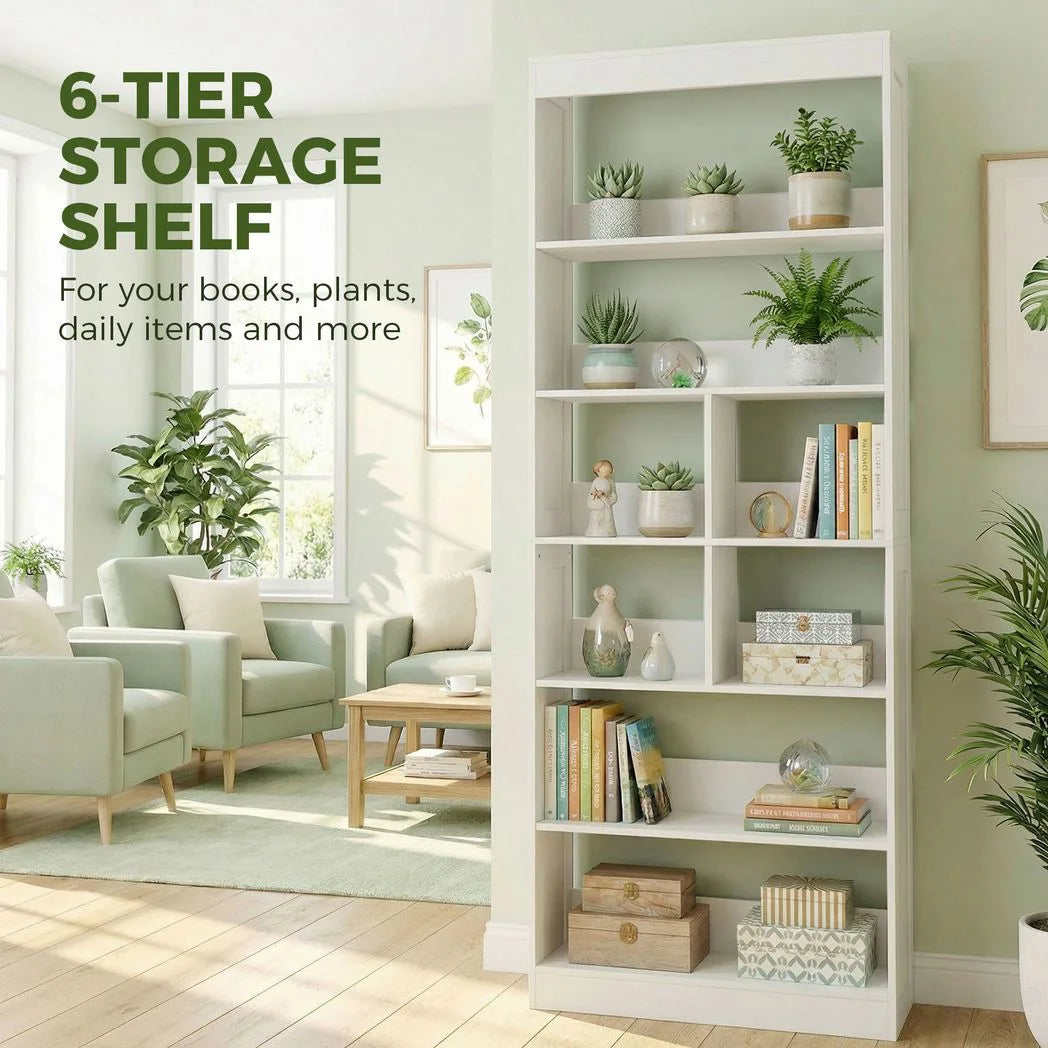 HOMCOM 6-Tier Bookcase with Open Shelves and Cubes, 180 cm Tall Display Shelf with Anti-Tipping Design, White