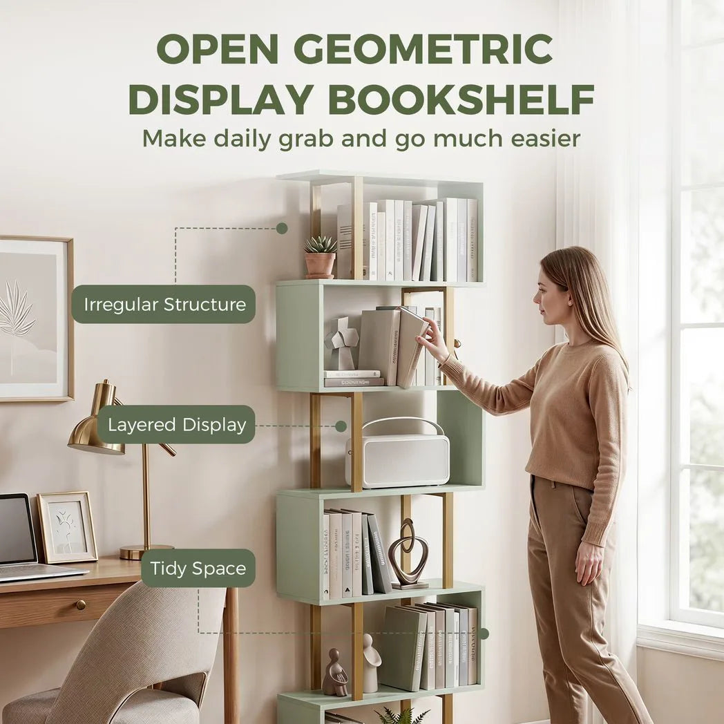 HOMCOM S-Shaped 6-Tier Bookshelf with Anti-Tip Strap – Freestanding Open Display Shelves for Living Room, Light Green