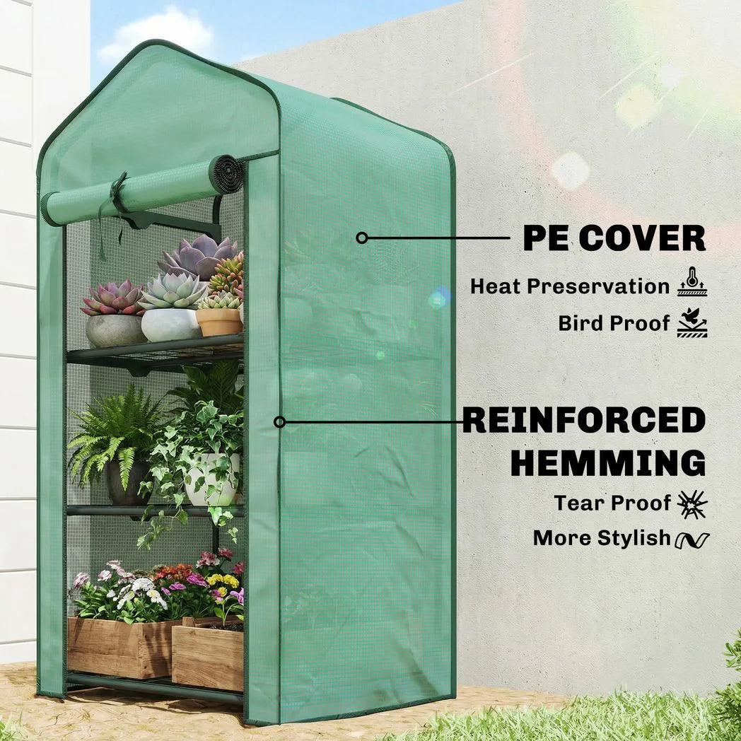 Outsunny Three-Tier Mini Greenhouse with Steel Frame, PE Cover & Roll-Up Door – Portable, Green