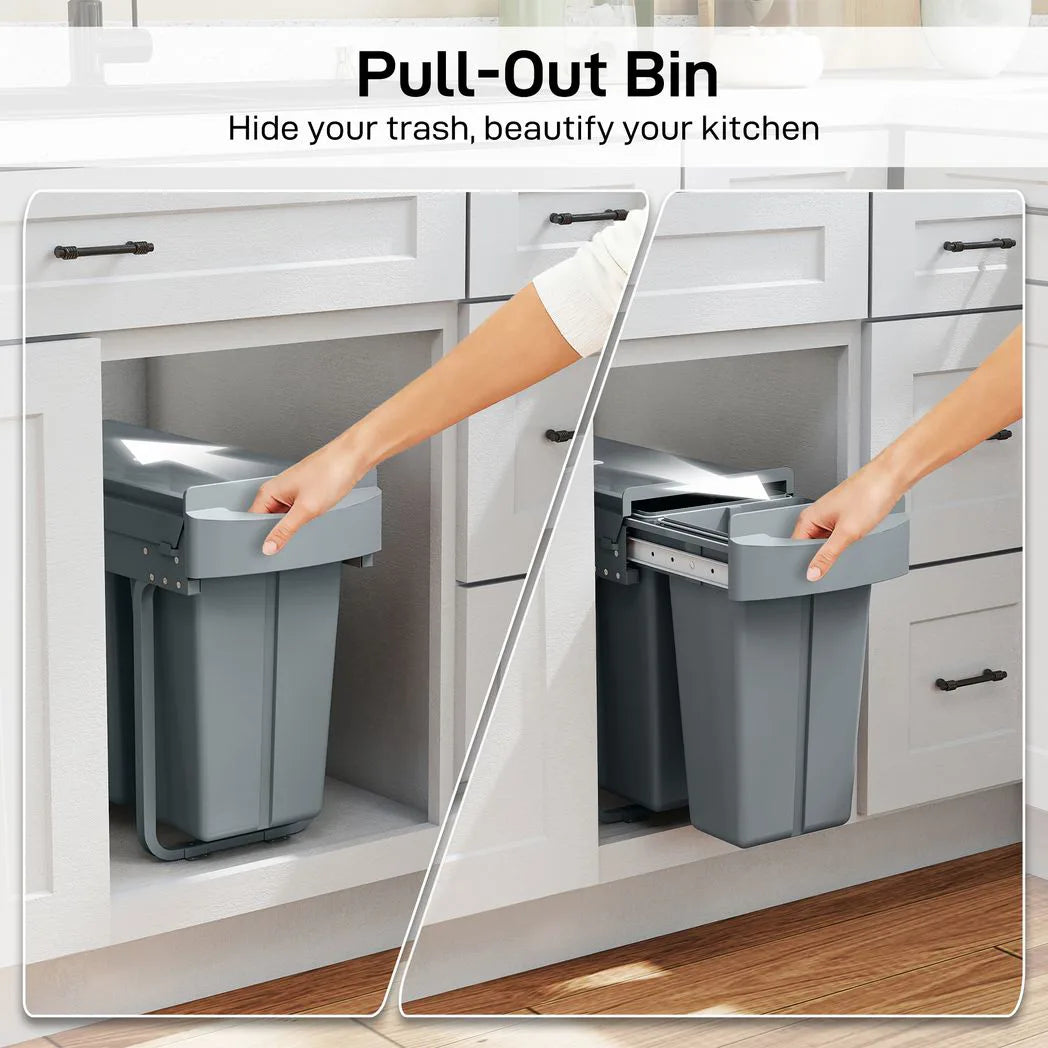 HOMCOM 30L Under-Sink Pull-Out Bin with 2 Removable Containers and Soft-Close Slide – Recycling Bin, Grey