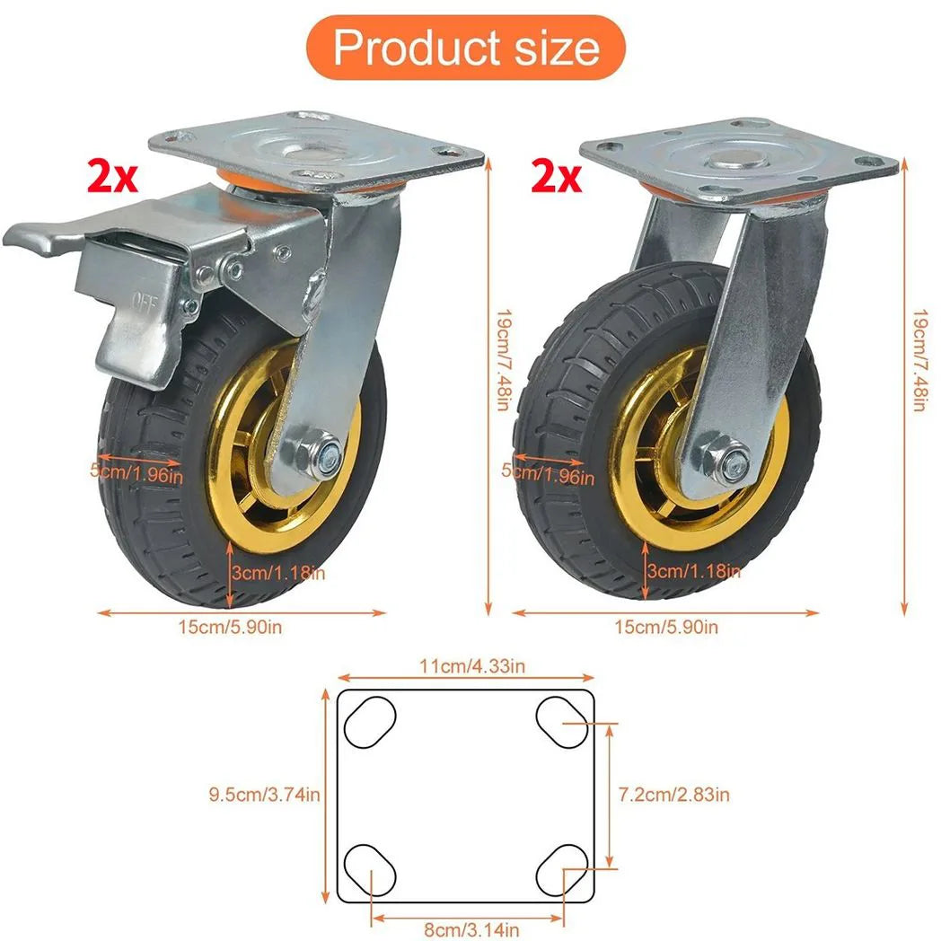Heavy Duty Swivel Castor Wheels, Set of 4 – 150mm Rubber, 750kg Load, 2 with Brakes