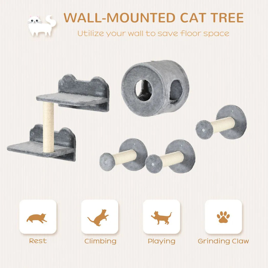 PawHut 5-Piece Wall-Mounted Cat Furniture Set with Perch, Cat House and Sisal Scratching Post – Plush Cat Shelves