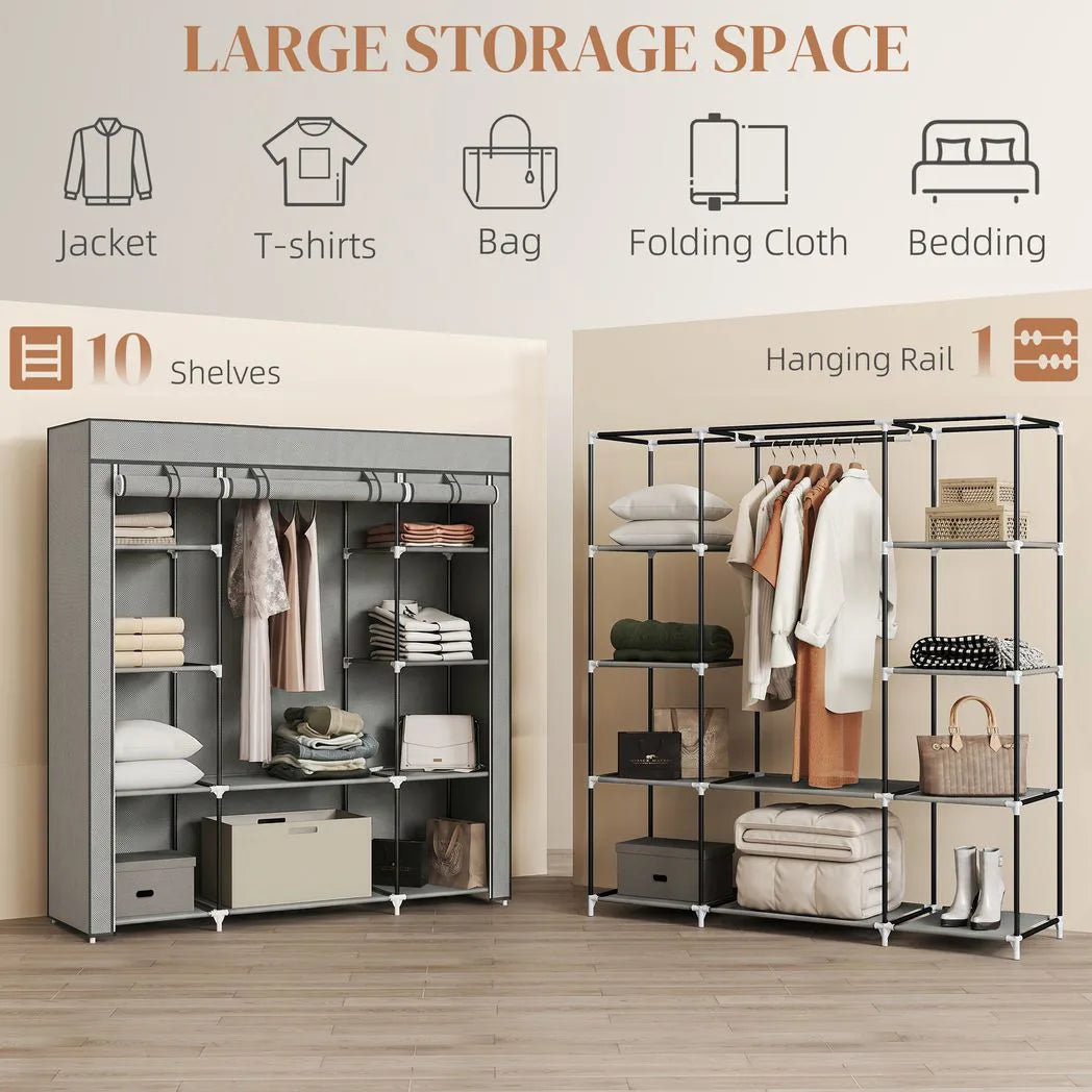 HOMCOM Foldable Wardrobe with 10 Shelves and Hanging Rail – Portable Fabric Clothes Organiser, Light Grey