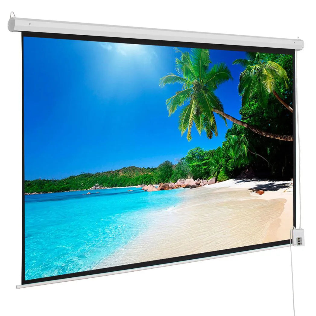 100 Inch Motorized Projector Screen with Remote Control, 16:9 Matte White – Wall & Ceiling Mount, UK 220V