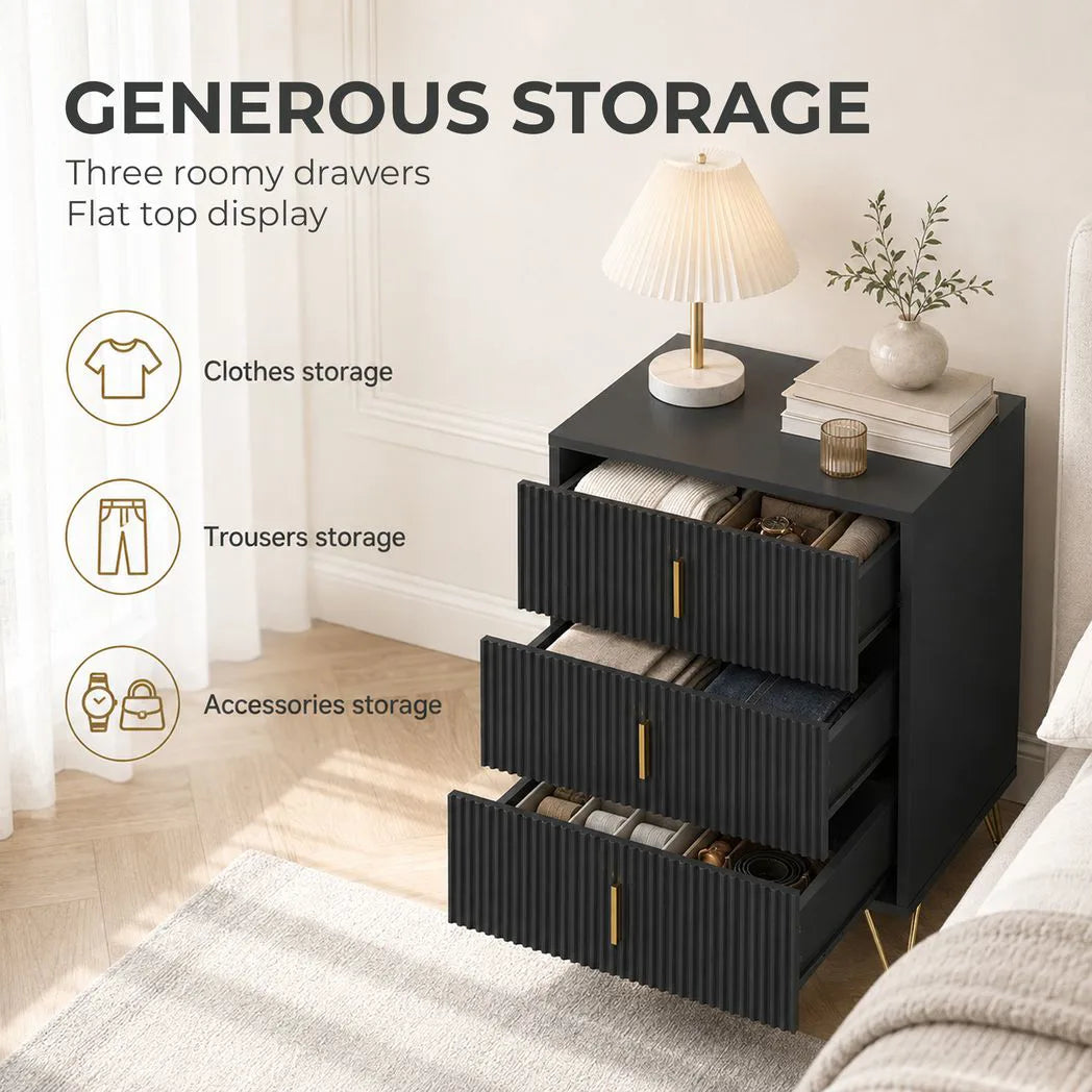 HOMCOM Modern Fluted 3 Drawer Dresser with Metal Legs and Gold-Colour Handles – Bedroom & Hallway Chest of Drawers, Black