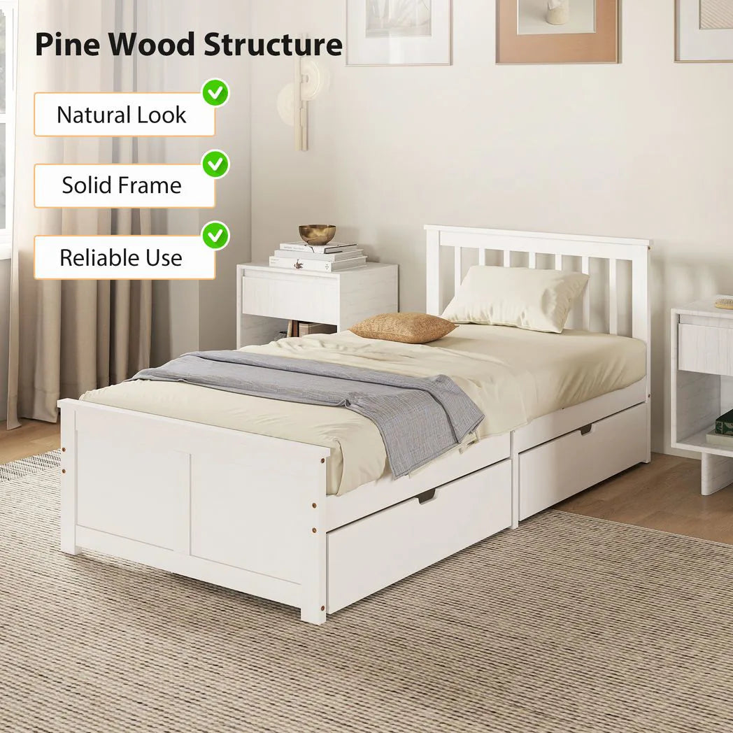 HOMCOM Wooden Single Bed Frame with Two Wheeled Drawers – Pine Wood Storage Bed, 3ft, White