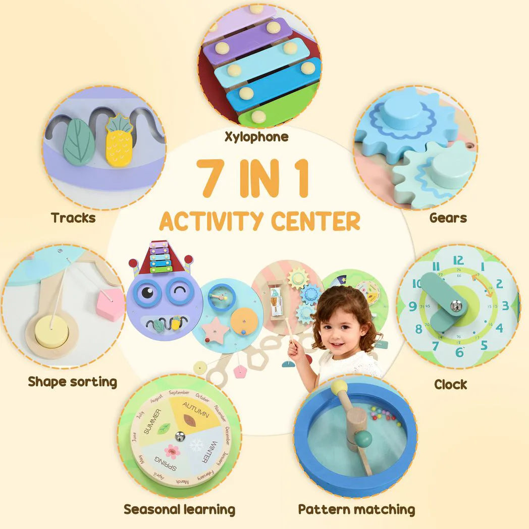 AIYAPLAY Caterpillar Busy Board with 7 Activities – Wall-Mounted Montessori Play for Nursery, Ages 3+