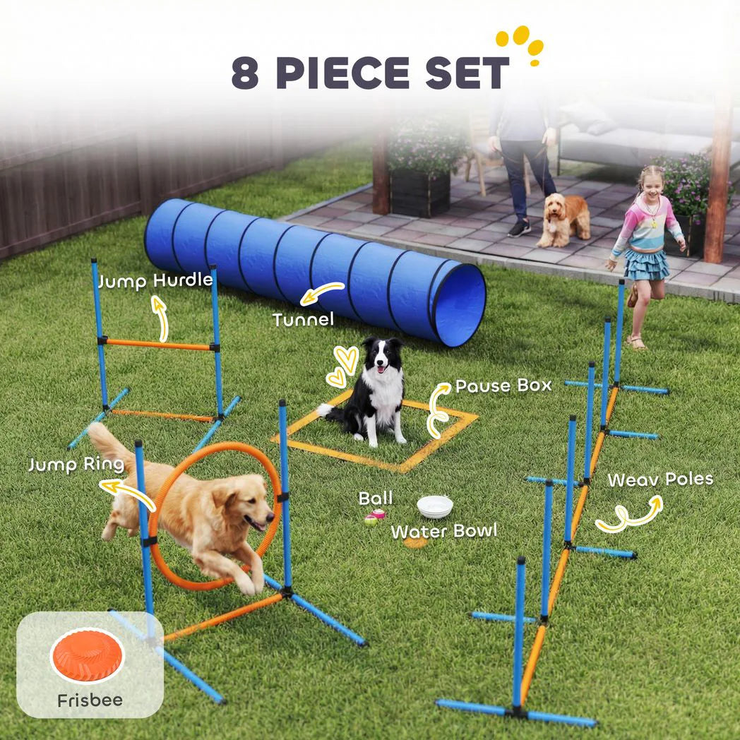 PawHut 8-Piece Dog Agility Training Set with Tunnel, Weave Poles, Adjustable Hurdles and Jump Ring