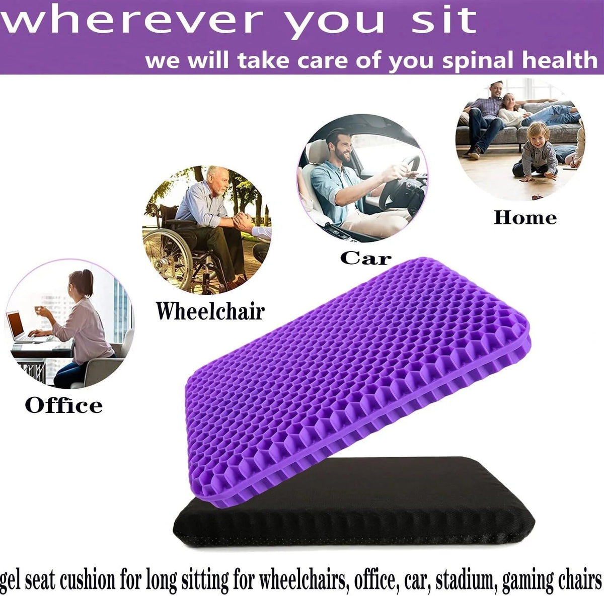 Orthopaedic Honeycomb Gel Seat Cushion, 3.5cm Extra Thick with Non-Slip Cover – Office, Car, Wheelchair, Purple