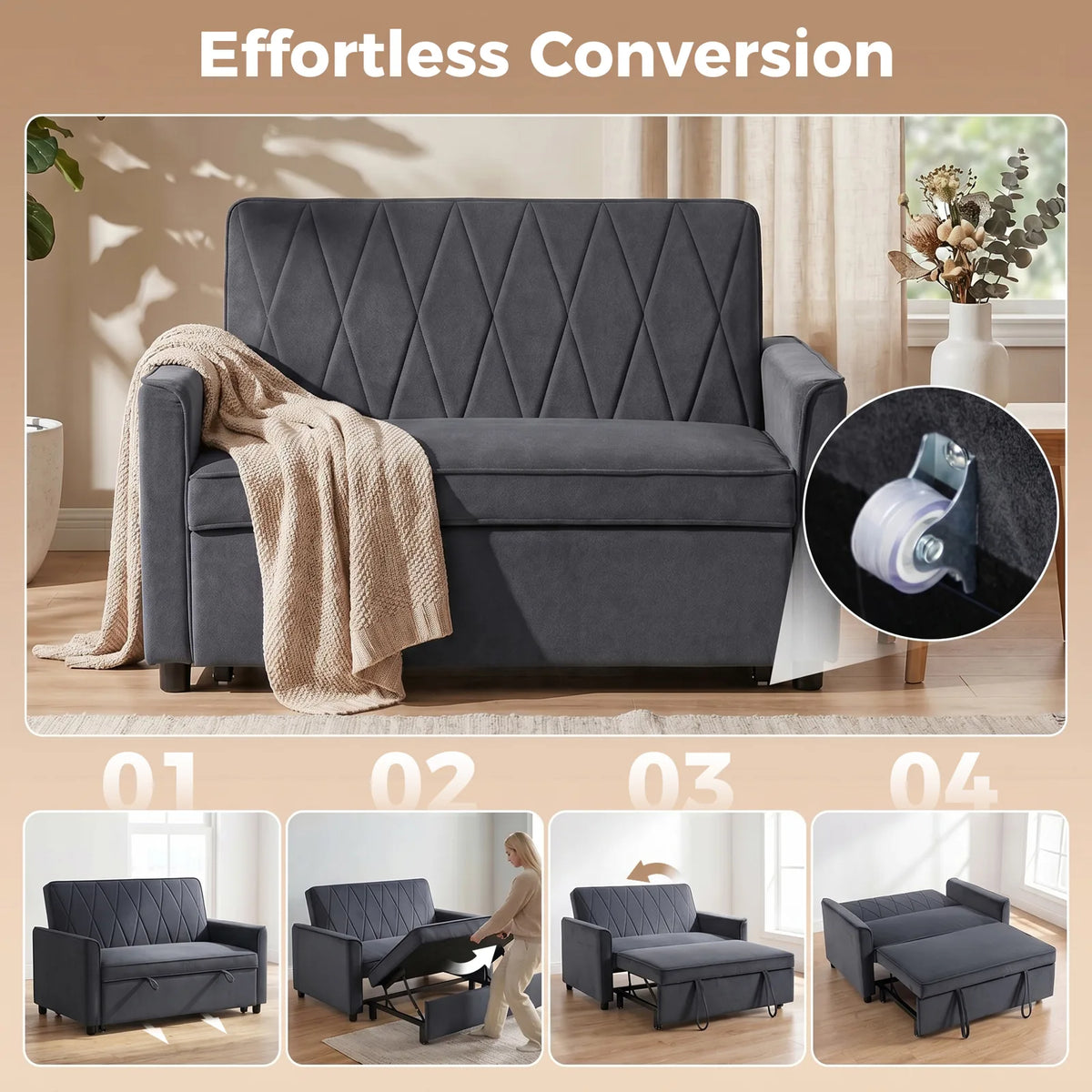 HOMCOM 2 Seater Sofa Bed, 3-in-1 Convertible Pull Out Sleeper with Click-Clack Backrest – Guest Bed, Dark Grey