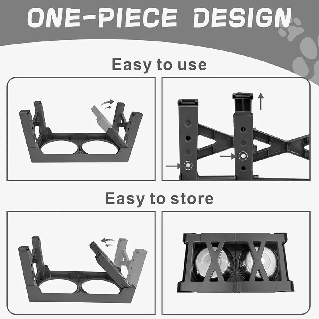 Large Dog Raised Double Bowl Feeding Station with Stainless Steel Bowls – 5 Height Settings, Foldable Legs, Black