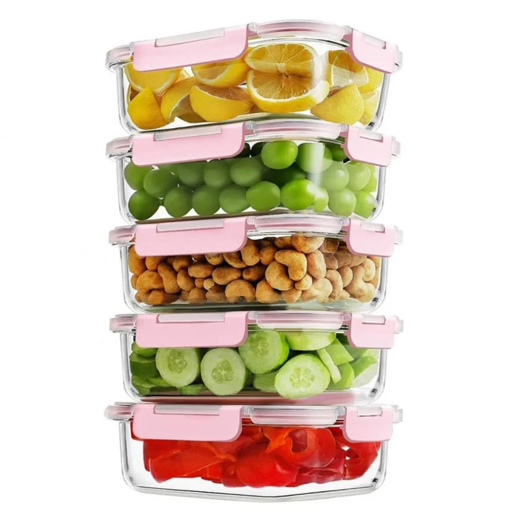 5-Piece Borosilicate Glass Food Storage Container Set with Airtight Snap Lock Lids – Meal Prep, Pink