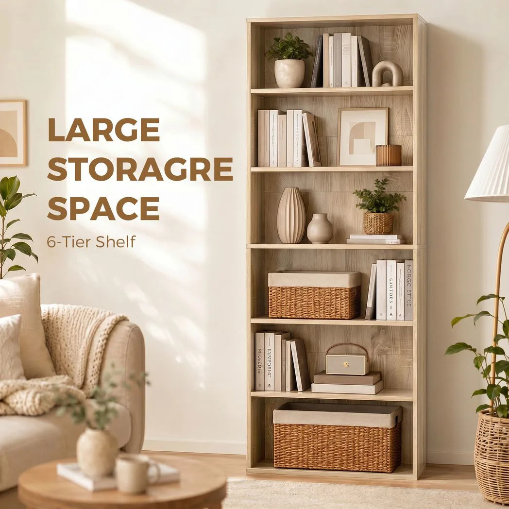 HOMCOM Six Shelf Bookcase with Adjustable Shelves and Anti-Tipping Kit – Display and Storage Unit, Oak