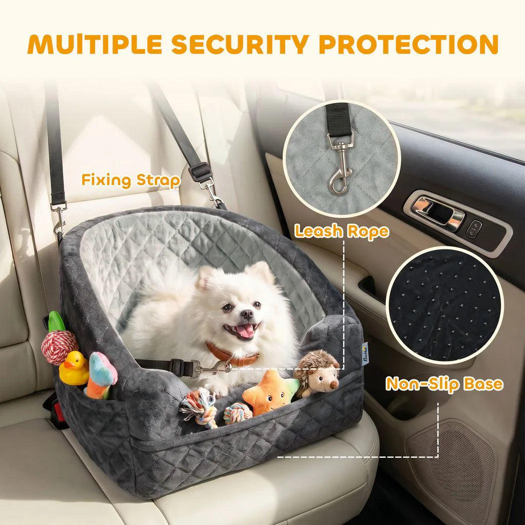 PawHut Dog Car Booster Seat with Thick Cushion, Seat Belt and Pockets – Small Dogs Under 10 kg, Grey