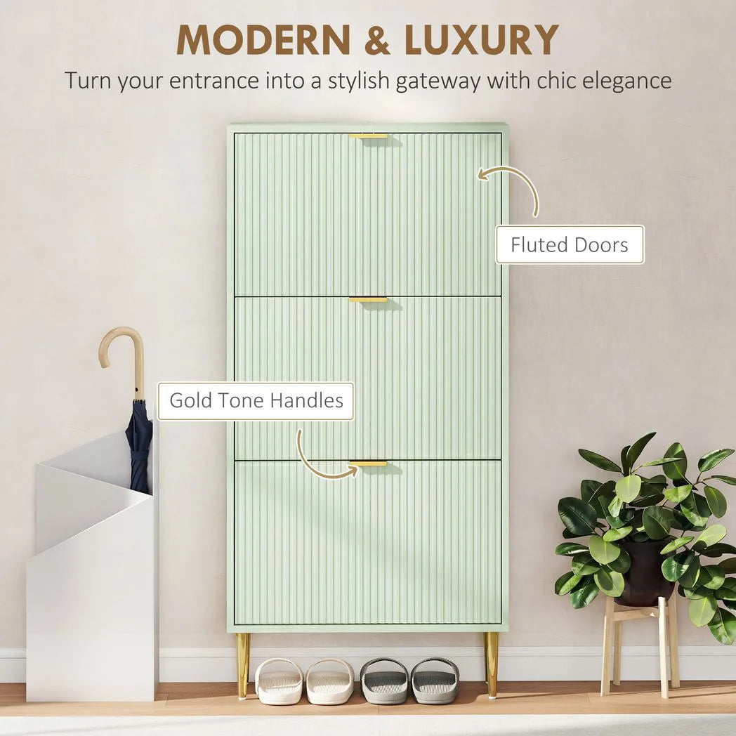 HOMCOM Slim 3-Drawer Shoe Cabinet with Gold Accents, 122.5 x 60 x 24cm, Light Green