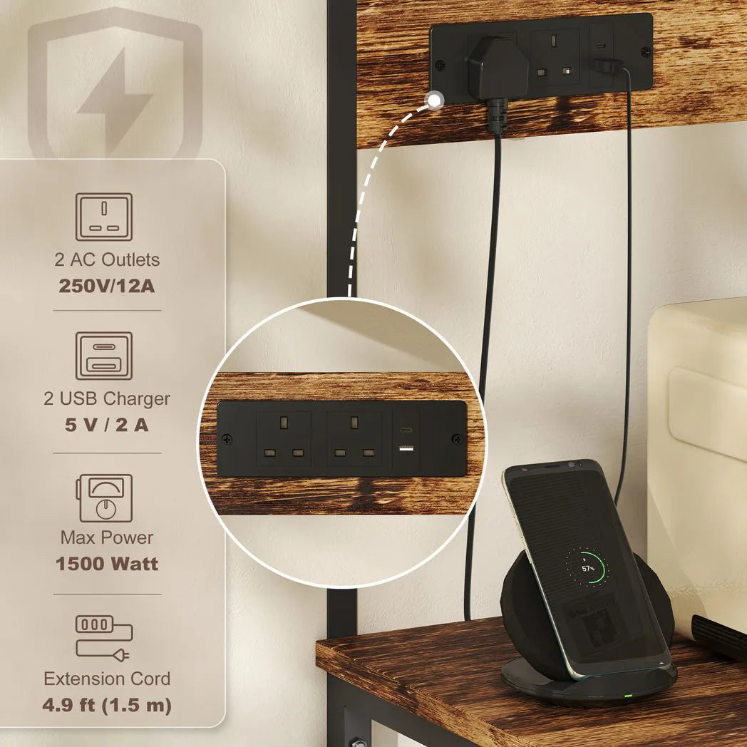 HOMCOM Kitchen Storage Rack with Power Outlets, USB Chargers and Hooks – Bakers Rack, Coffee Station, Rustic Brown