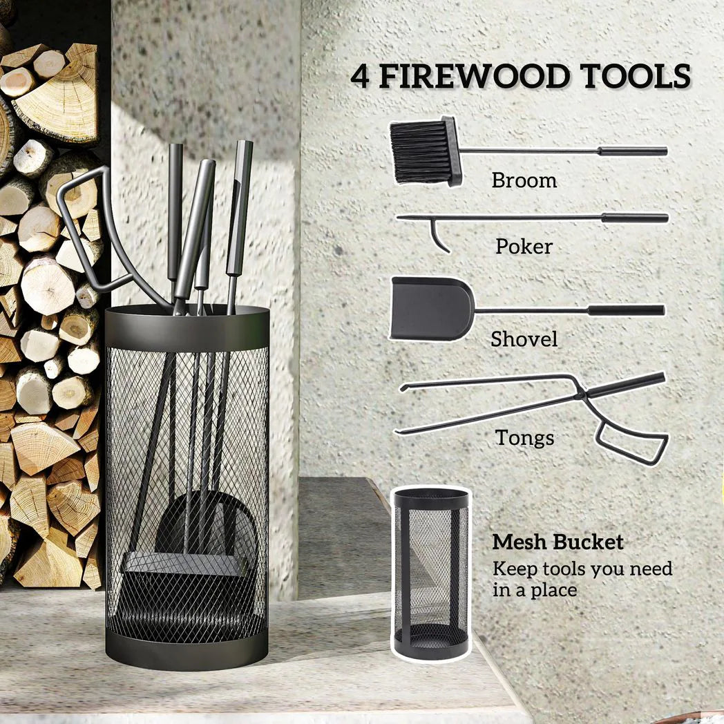 Outsunny 5-Piece Fireplace Tools Set with Mesh Basket – Indoor Outdoor Fireside Accessories, Black