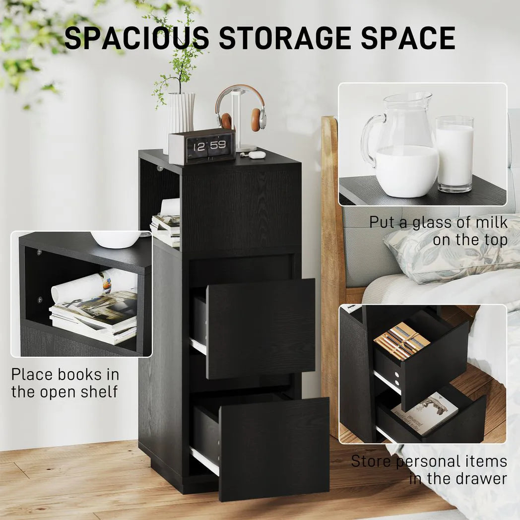 HOMCOM Slim Bedside Table with Open Shelf and 2 Drawers – Narrow Bedside Cabinet for Bedroom or Living Room, Black