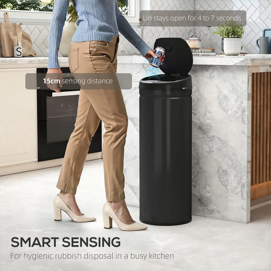 HOMCOM 50L Stainless Steel Sensor Bin with Soft-Close Lid and Bag Ring – Touch-Free Kitchen Bin, Black