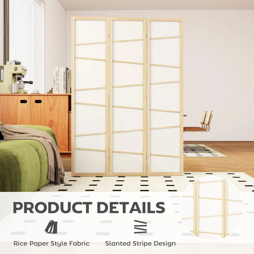 HOMCOM Wooden Folding Privacy Screen with Solid Wood Frame – 3 Panel Room Divider for Bedroom, Natural Wood Finish