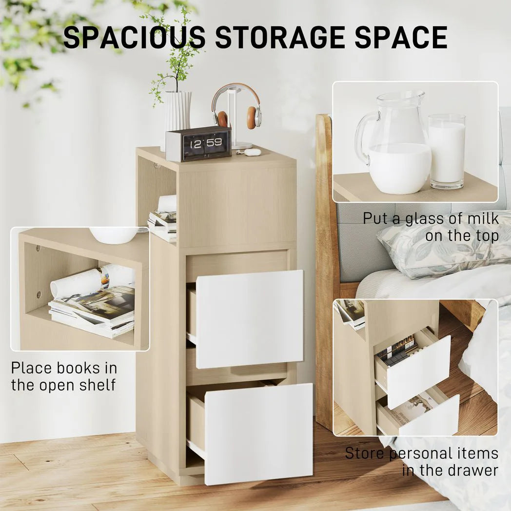HOMCOM Slim Bedside Table with Open Shelf and 2 Drawers – Narrow Cabinet for Small Bedrooms, Natural Wood