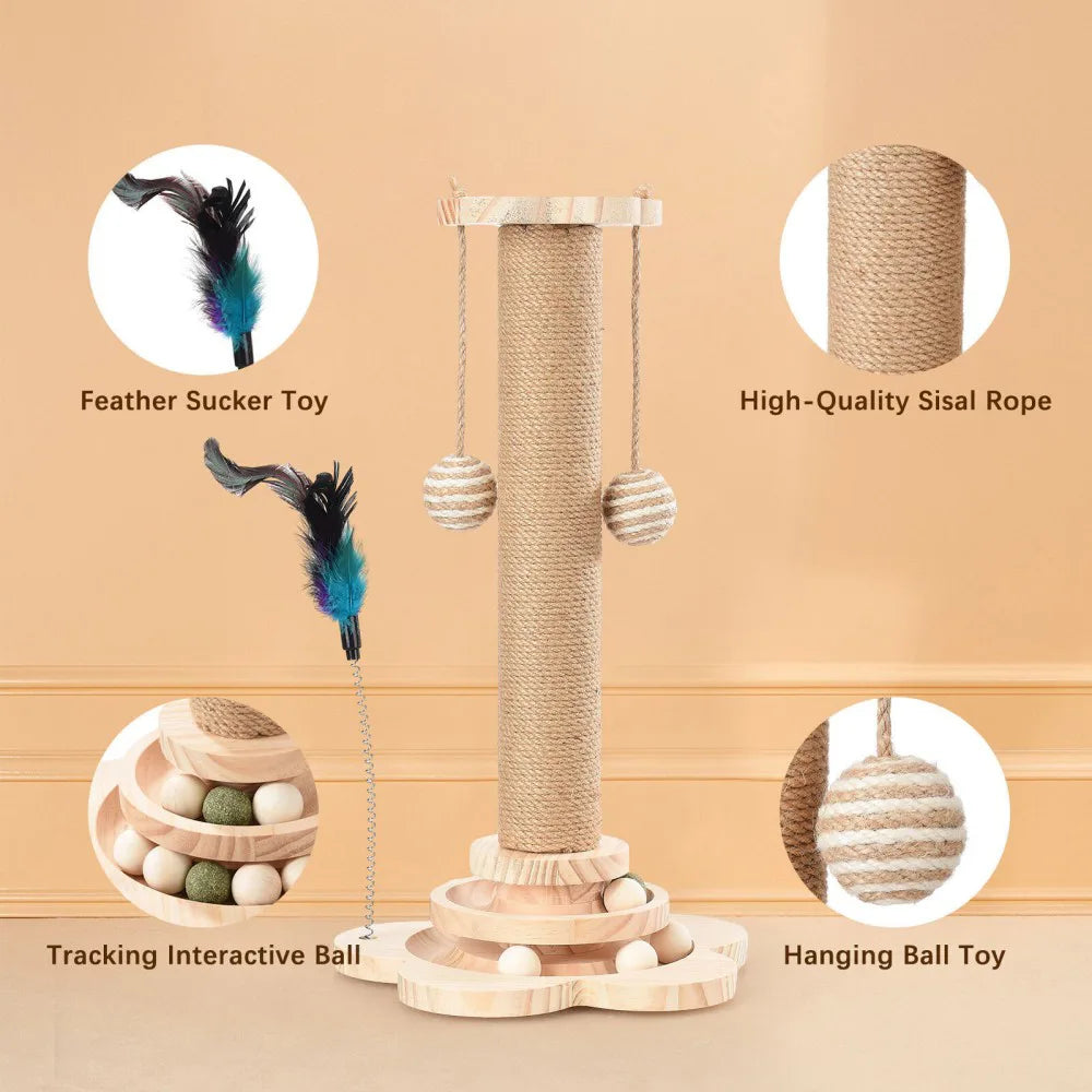 Cat Scratching Post Toy with Ball Track & Spinning Disc – Solid Wood and Sisal Activity Centre