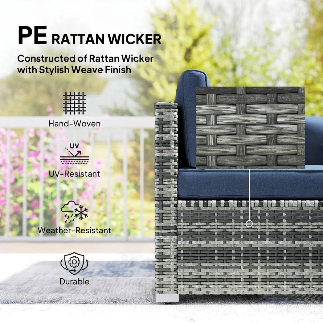 Outsunny 8 Piece PE Rattan Corner Sofa Set with Glass Coffee Table, Footstool and Cushions, Dark Blue