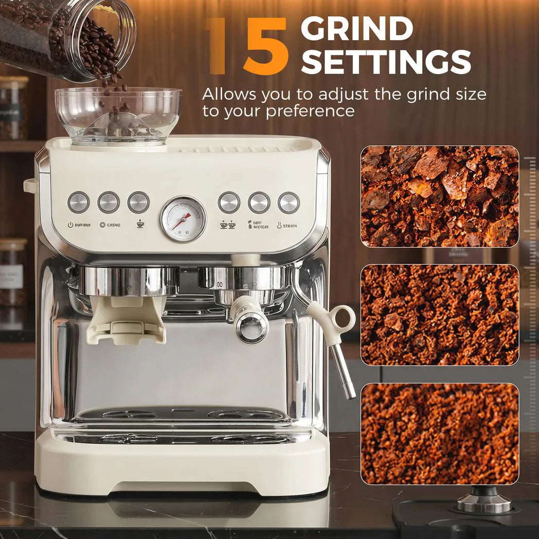 HOMCOM 15 Bar Espresso Coffee Machine with Adjustable Grinder, Steam Wand and Accessories – Cream White