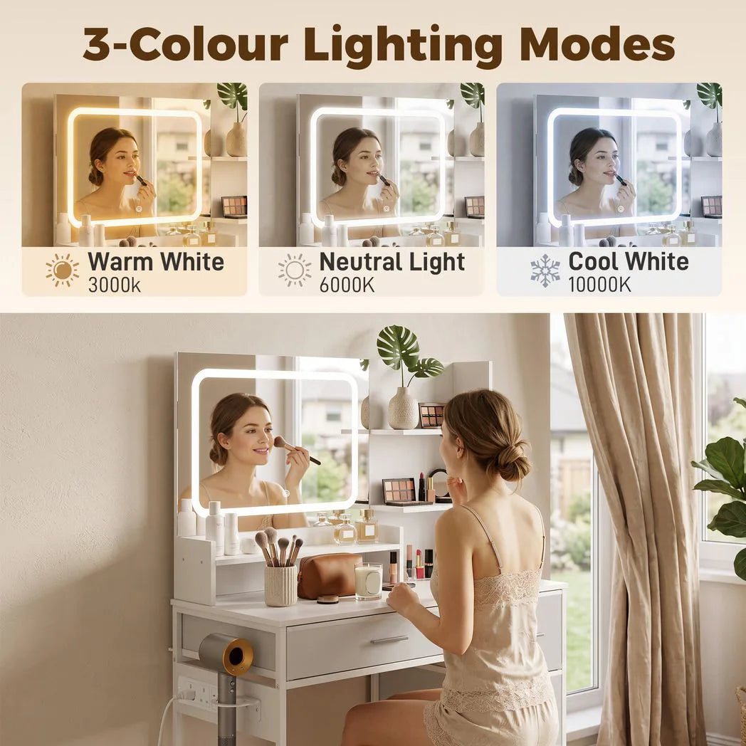 HOMCOM Dressing Table with 3-Colour LED Mirror, Power Outlets, 4 Drawers, 5 Shelves and Hair Dryer Holder