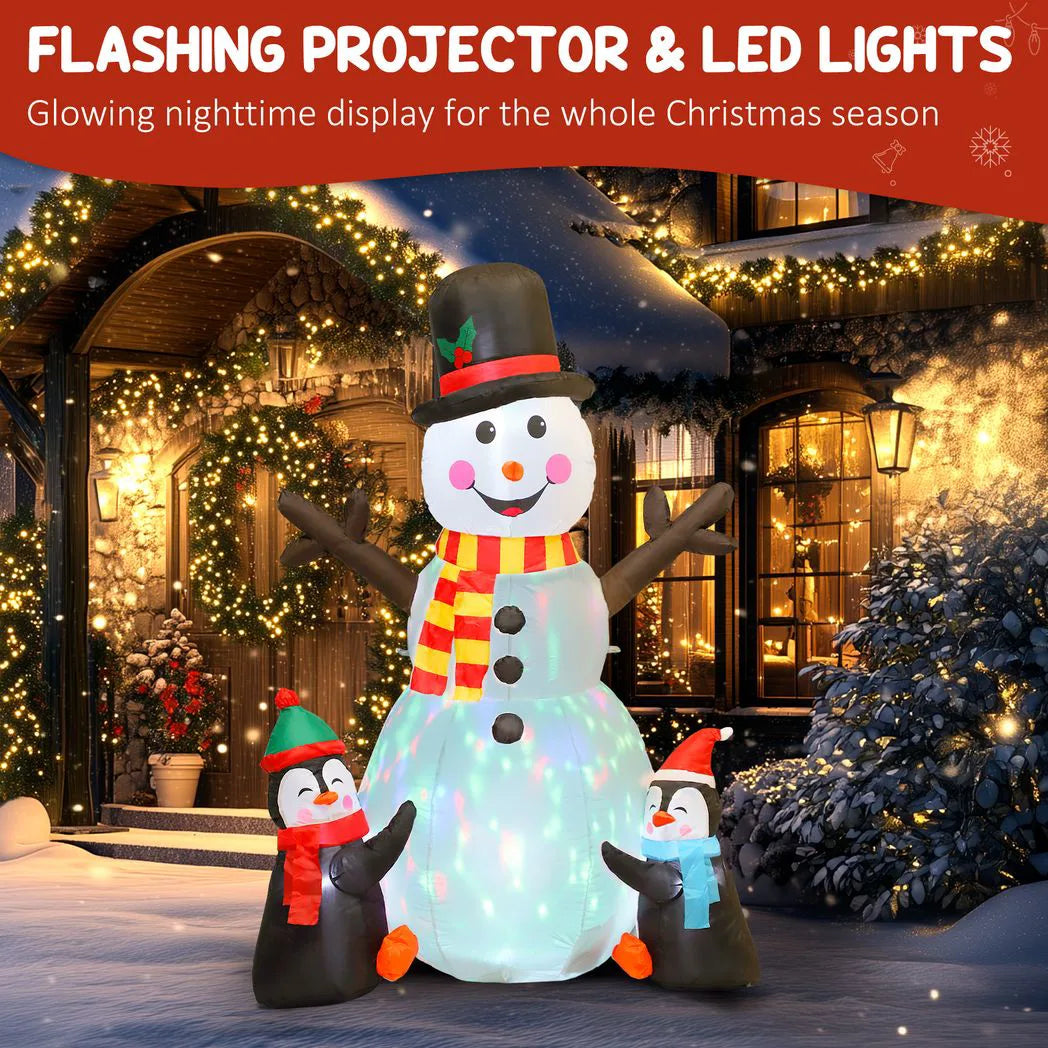 Outsunny 6FT Christmas Inflatable Snowman and Penguins with Built-In LED Lights and Projector – Indoor Outdoor Garden Decoration