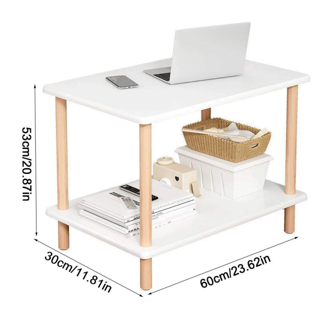 Narrow Side Table for Living Room – Small Bedside Table with Shelf, MDF & Solid Wood, White